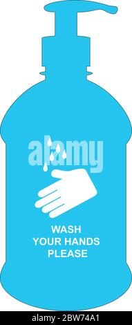 Flasche mit flüssiger Seife und Handhygiene Warnschild, covid 19, corona Prävention Stock Vektor