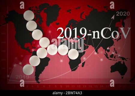 Abstraktes Virus-Stammmodell MERS-Cov oder Middle East Respiratory syndrome Coronavirus, Novel Coronavirus 2019-nCoV mit Text auf ren. Weltkarte Coronavi Stockfoto