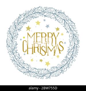 Blumenkranz mit fröhlichem Weihnachtstext. Weihnachten Feiertage Grußkarte Hand gezeichnet Vektor Illustration. Teil des Sets. Stock Vektor