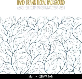 Floraler Hintergrund. Einladung Design Vorlage mit handgezeichneten floralen Hintergrund und handgeschriebenes Alphabet. Vintage Blumenmuster Skizze Zeichnung. Stock Vektor