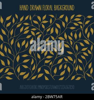 Floraler Hintergrund. Einladung Design Vorlage mit handgezeichneten floralen Hintergrund und handgeschriebenes Alphabet. Vintage Blumenmuster Skizze Zeichnung. Stock Vektor