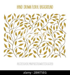 Floraler Hintergrund. Einladung Design Vorlage mit handgezeichneten floralen Hintergrund und handgeschriebenes Alphabet. Vintage Blumenmuster Skizze Zeichnung. Stock Vektor