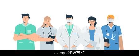 Ärzte in medizinischen Uniformen Set. Angst Ärzte mit Coronovirus Empfang Anästhesist Therapeut Chirurg. Stock Vektor