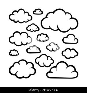 Wolken. Hand gezeichnete Wolken Set Illustration isoliert auf weißem Hintergrund. Skizzenzeichnung der Wolken. Cartoon-Stil Doodle Wolken. Stock Vektor