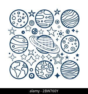 Planeten und Sterne. Hand gezeichnete Planeten und verschiedene Form Sterne Vektor-Illustration gesetzt. Planets Skizze Zeichnung. Planeten und Sterne kritzeln. Teil des Sets Stock Vektor
