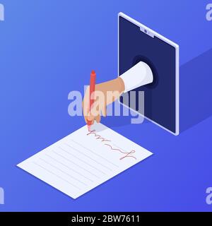 Online-Vertrag wird unterzeichnet. Geschäftsvereinbarung für Websignaturen. Stock Vektor
