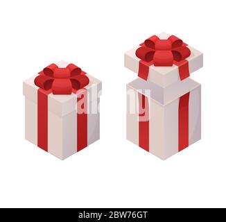 Geschenkschachtel Vorlage offen geschlossen. Modische Box mit leuchtend roten Band gebunden herrlichen Bogen. Stock Vektor