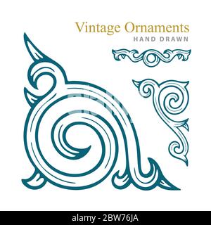 Set mit Vintage-Ornamenten. Hand gezeichnet graviert Stil Vektor-Ecke Ornament, teilen und dekorative Elemente. Teil des Sets. Stock Vektor