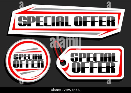 Vektor-Set für Sonderangebot Verkauf, 3 weiße Vielfalt Preisanhänger für schwarzen freitag oder Cyber montag, Gruppe von isolierten dekorativen Preisanhänger mit einzigartigen le Stock Vektor