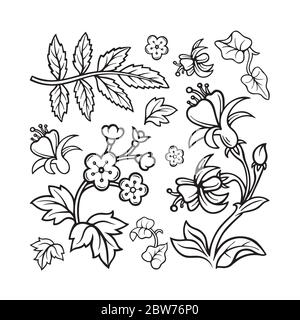 Blumen. Doodle Blumen und Pflanzen Vektor-Illustrationen Set. Handgezeichneter floraler Ornament Konstruktor. Teil des Sets. Stock Vektor