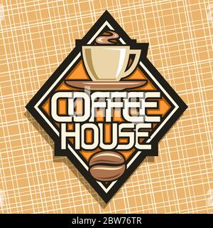 Vektor-Logo für Kaffeehaus, dekorative Raute Beschilderung für Hipster Café mit Illustration von gedämpften Kaffeetasse auf Untertasse, Abzeichen mit einzigartigen Buchstaben f Stock Vektor