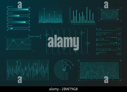Satz von HUD-Infografik-Elementen. Sci-Fi-Diagramme und Diagramme für futuristische Benutzeroberfläche HUD, UI, GUI. Big Data-Analyse-Thema. Virtuelle Grafiken Stock Vektor