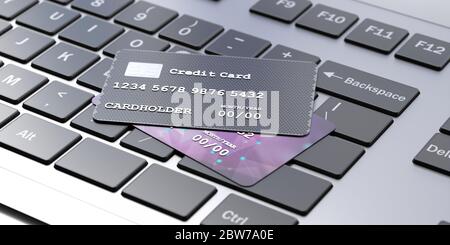 Online-Shopping, Zahlungskonzept, Kreditkarten auf Computer Laptop Tastatur Hintergrund. Elektronische Bankgeschäfte. 3d-Darstellung Stockfoto
