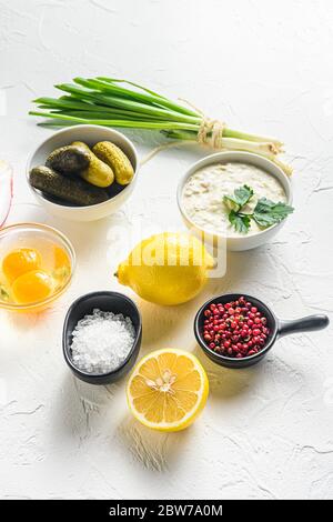 Bio-Tartare in einer weißen Porzellanschale mit Gemüse ngredients Kapern, Gurken, Petersilie, Zitrone und Eier von frischer Mayonnaise Diese klassische itali Stockfoto