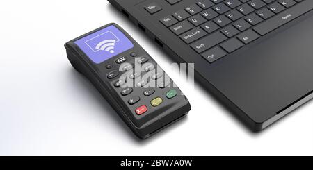 POS-Terminal, Zahlungsgerät und Computer auf weißem Hintergrund. Einkaufen NFC Bankzahlungsautomat. Realistisches Nahaufnahme-Design. 3d-Darstellung Stockfoto