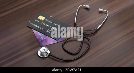 Kreditkarten und ein medizinisches Stethoskop auf Holzhintergrund. Electronic Banking, Zahlung für das Gesundheitswesen Konzept. 3d-Darstellung Stockfoto