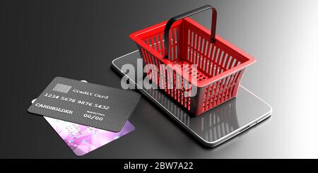 Online-Lebensmitteleinkauf, Zahlungskonzept, Kreditkarten, Supermarkt-Warenkorb und Handy auf schwarzem Hintergrund isoliert. 3d-Darstellung Stockfoto