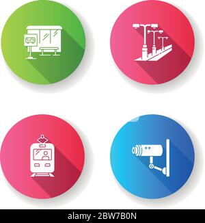 Stadt Transport flaches Design lange Schatten Glyphe Symbole gesetzt Stock Vektor