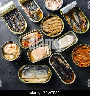 Zinndose Saury, Makrele, Sprossen, Sardinen, Sardinen, Sardelle, Tintenfisch, Thunfisch Öffnen und Schließen über schwarzem Schiefer Hintergrund oben Ansicht Quadrat. Stockfoto