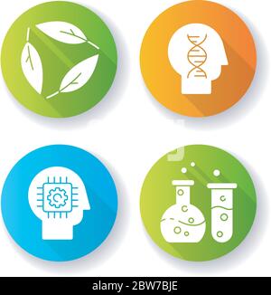 Moderne Wissenschaften flaches Design lange Schatten Glyphen Symbole gesetzt Stock Vektor