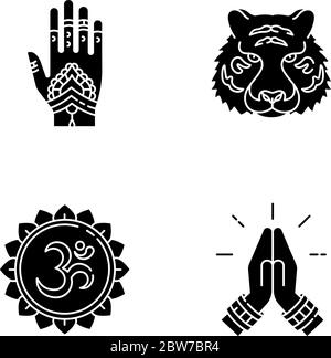 Indische Kultur schwarze Glyphen Symbole auf weißem Raum gesetzt Stock Vektor