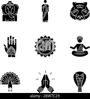 Indische spirituelle Symbole schwarze Glyphen Symbole auf weißem Raum gesetzt Stock Vektor