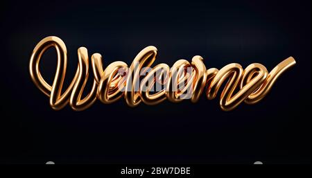 Hand skizziert Gold Welcome Text als Logo, Abzeichen und Symbol, Einladung, Poster, Banner-Vorlage. Schrifttypografie. Isoliert auf Schwarz Stockfoto