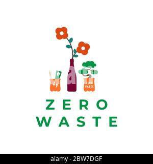 Zero Waste Design Konzept für Umwelt Poster oder jedes Design mit Plastikflasche und Bambus Zahnbürste Illustration Stock Vektor