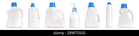 Set aus Kunststoff-Waschmittelflaschen mit chemischen Reinigungsprodukt isoliert auf weißem Hintergrund. 3d-Darstellung Stockfoto