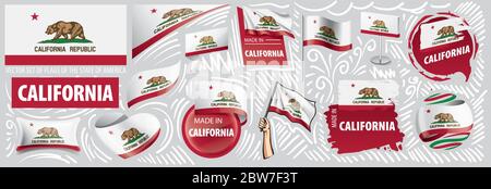 Vektor-Set von Flaggen des amerikanischen Staates Kalifornien in verschiedenen Designs Stock Vektor