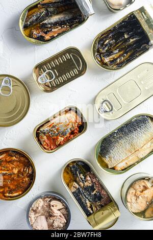 Konserven von Fisch aus der Dose mit verschiedenen Fischarten und Meeresfrüchten, offene und geschlossene Dosen mit Saury, Makrele, Sprossen, Sardinen, Sardinen, Sardellen, Tintenfisch, tun Stockfoto