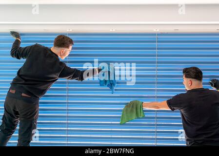 Horizontale Ansicht von zwei männlichen professionellen Reinigern, die blaue Jalousien auf einer großen Fensterfront mit Mikrofasertüchern reinigen Stockfoto