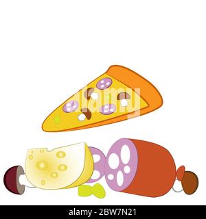 Scheibe Pizza und Zutaten, um es isoliert weißen Hintergrund. Stock Vektor