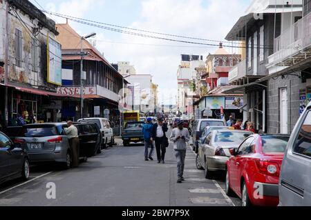 Port Louis, Mauritius - 16. August 2018: Das Straßenleben von Port Louis am 16. August 2018 in Port Louis, Mauritius. Mauritius ist ein religiös vielfältiges Nat Stockfoto