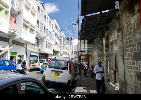 Port Louis, Mauritius - 16. August 2018: Das Straßenleben von Port Louis am 16. August 2018 in Port Louis, Mauritius. Mauritius ist ein religiös vielfältiges Nat Stockfoto