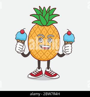 Eine Illustration von Ananas Obst Cartoon Maskottchen Charakter essen zwei Eis Stock Vektor