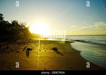 BASSE-TERRE/GUADELOUPE - 12. JANUAR 2019: Sonnenbaden im Sonnenuntergang auf dem schönen Plage De La Perle auf Basse-Terre auf der Insel Guadeloupe Stockfoto