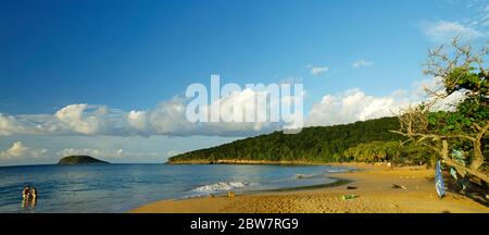 BASSE-TERRE/GUADELOUPE - 12. JANUAR 2019: Sonnenbaden im Sonnenuntergang auf dem schönen Plage De La Perle auf Basse-Terre auf der Insel Guadeloupe Stockfoto