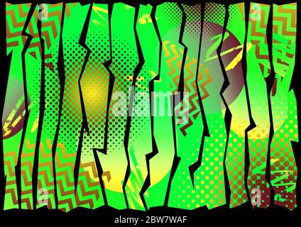Ein 80er/90er Jahre 80er/90er Jahre Stil leuchtend gelb und grün vertikale Streifen Pop Art-Effekt-Design mit Zick-Zack, Halbton und Gradienten Elemente Stockfoto