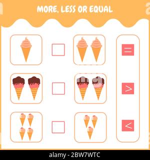 Bildung Logik-Spiel für Kinder im Vorschulalter. Wählen Sie die richtige Antwort. Mehr, weniger oder gleich. Stock Vektor