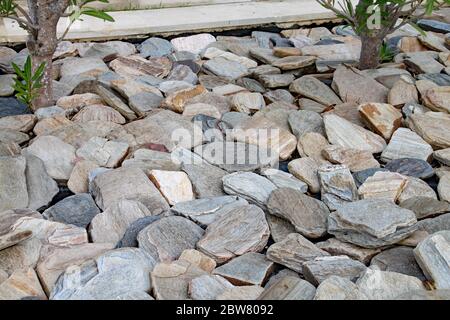 Dekorative Schiefersteine sorgen für Bodenabdeckung im Garten Stockfoto