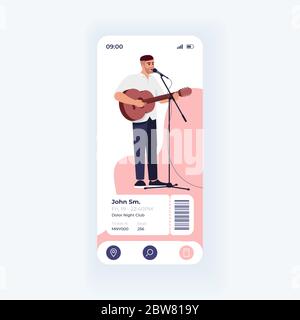 Event Tickets Buchung Anwendung Smartphone Schnittstelle Vektor-Vorlage. Leichtes Design-Layout für mobile App-Seiten. Bildschirm „Konzertdetails“. Flache Benutzeroberfläche für Stock Vektor