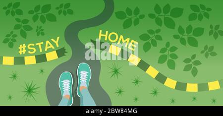 „Stay at Home“-Schriftzug mit Beinen in Laufschuhen vor der Haustür am Ausgang des Hauses vor dem Rasen. Schutzkampagne oder Maßnahme vor Coronavirus Stock Vektor