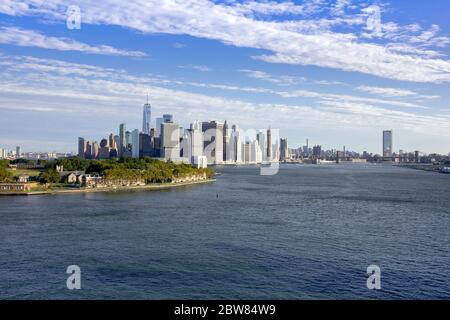 Skyline Von Manhattan Island New York City Sonnenaufgang Am Morgen Stockfoto