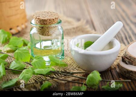 Flasche mit ätherischem Birke-Öl, Kräuteraufguss oder Saft. Zweige der Birke mit Blättern, Schere und Mörtel auf dem Tisch. Stockfoto