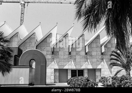 Black and White Building in Downtown L.A. In der Nähe von La Brea Tar Gruben, abgewinkeltem Dach und Baukran Stockfoto