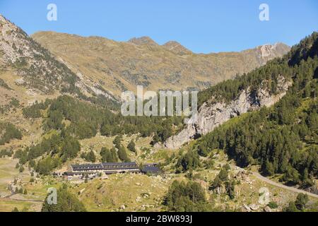 Llanos del Hospital, Huesca/Spanien; 21. August 2017. Ort namens Llanos del Hospital gehört zur Gemeinde Benasque im Herzen der Pyren Stockfoto