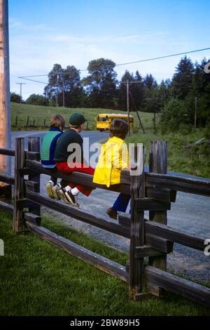 1970ER RÜCKANSICHT VON 3 ANONYMEN JUNGEN SITZEN AUF LÄNDLICHEN HOLZSCHIENE ZAUN WARTEN AUF DEN MORGEN ANNÄHERUNG AN GELBE SCHULE BUS - KS13914 LGA001 HARS MORGEN SCHULEN KLASSE GRUNDSCHULE SPLIT SCHIENE SCHULE BUS VERBINDUNG ANONYME ZUSAMMENARBEIT ZÄUNE KLASSE SCHULE WACHSTUM JUGENDLICHE PRE-TEEN PRE-TEEN JUNGE ZWEISAMKEIT ANNÄHERUNG KAUKASISCHEN ETHNIZITÄT LAND STRASSE ALTMODISCH Stockfoto