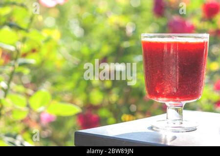 Traditionelle italienische Sommer Dessert Erdbeere Granita oder Sorbet in einem Glas auf Naturhintergrund. Beereneis. Stockfoto