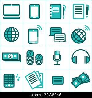 Satz von Symbolen zum Thema Business, Finanzen und elektronische Geräte. Stock Vektor